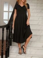 Kadın Kısa Kollu V Yakalı önden Pileli Midi Janjan Krep Elbise - Görsel 5