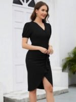 Kadın Kısa Kollu V Yakalı önden Fırfırlı Ithal Krep Elbise - Görsel 3