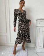 Kadın Uzun Kollu Kruvaze Yaka Yandan Bağlamalı önden Fırfır Detaylı Süprem Uzun Elbise - Görsel 5