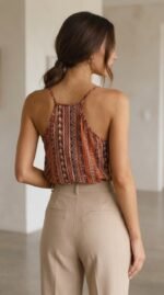 Kadın Ip Askılı V Yakalı Desenli Süprem Bluz - Görsel 7