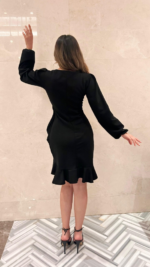 Kadın Uzun Kollu Bisiklet Yaka önden Volanlı Ithal Krep Elbise - Görsel 12