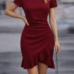 Kadın Kısa Kollu Bisiklet Yaka önden Volanlı Ithal Krep Elbise