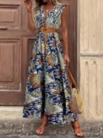 Kadın Askılı Kruvaze Yakalı Uzun Desenli Kemersiz Süprem Elbise - Görsel 5