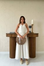 Bej Arkası Gipeli Keten Elbise - Görsel 2