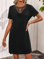 Kadın Kısa Kollu Dantel Yakalı Kısa Viskon Elbise - Görsel 3