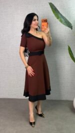 Kadın Tek Omuz Fiyonk Detaylı Midi Boy Elbise - Görsel 4