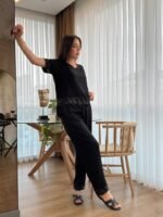 Kadın Kısa Kollu V Yakalı Pul Payetli Viskon Iki Iplik Bluz Ve Pantolon Ikili Takım - Görsel 3