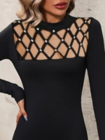 Kadın Uzun Kollu Bisiklet Yaka Lazer Kesim Inci Detay Viskon Iki Iplik Mini Boy Elbise - Görsel 2