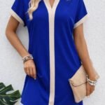 Kadın Kısa Kollu V Yakalı Onden şerit Detaylı Yakalı Kısa Janjan Krep Elbise