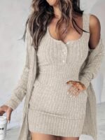 Kadın Askılı Yuvarlak Yakalı önü Düğmeli şardonlu Kaşkorse Mini Elbise Ve Kısa Ceket - Görsel 2