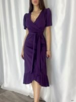 Kadın Kruvaze Yaka Midi Boy Kuşaklı Krep Elbise 120 Cm - Görsel 6