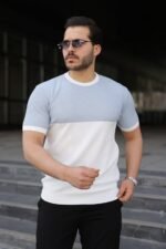 Erkek Renk Bloklu Bisiklet Yaka Kısa Kollu Triko Tişört