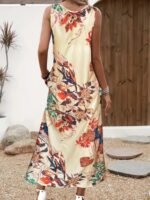 Kadın Askılı Yuvarlak Yaka Cepli Desenli Süprem Elbise - Görsel 3