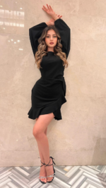 Kadın Uzun Kollu Bisiklet Yaka önden Volanlı Ithal Krep Elbise - Görsel 9