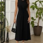 Kadın Sıfır Kollu Bisiklet Yaka Yandan Büzgü Detaylı Viskon Elbise