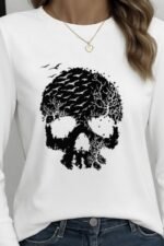 Kadın Uzun Kollu Bisiklet Yaka Kurukafa Desenli Viskon Bluz - Görsel 2