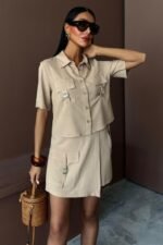 Gömlek Şort Etek Viscon Keten Takım 10162 - Görsel 2