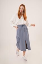 Ön Yırtmaçlı Cep Detaylı İndigo Etek - Görsel 4