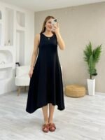 Kadın Askılı Yuvarlak Yakalı Asimetrik Kesim Detaylı Viskon Elbise - Görsel 3