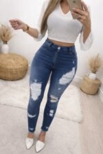 Kadın Yüksek Bel Düğmeli Yırtık Kot Pantolon - Görsel 2