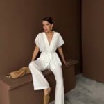 KETEN V YAKA BELDEN BAĞLAMALI BLUZ-PANTOLON TAKIM - Beyaz