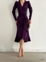 Krep Kumaş Midi Boy Kuşaklı Uzunkol Elbise - Görsel 11