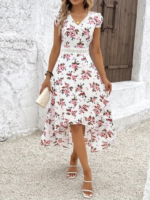 Kadın Kısa Kollu V Yakalı çiçek Desenli önü Kısa Arkası Uzun Süprem Elbise - Görsel 3