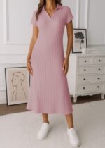 Kadın Kısa Kollu Yakalı Yandan Yırtmaçlı Kalın Fitilli Kaşkorse Elbise - Görsel 2