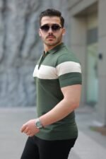 Erkek Fermuar Yakalı şerit Renk Desenli Kısa Kollu Tişört - Görsel 2