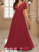 Kadın Kısa Kollu Derin V Yakalı A Kesim Pulpayet Detaylı şifon Nedime Elbisesi - Görsel 4