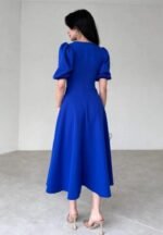 Kadın Kısa Balon Kollu Bisiklet Yaka Geniş Kesim Janjan Krep Elbise - Görsel 2