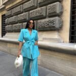 KISA KOL BAĞLAMA DETAYLI CEKET-PANTOLON TAKIM - Mavi