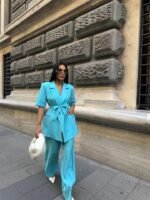 KISA KOL BAĞLAMA DETAYLI CEKET-PANTOLON TAKIM - Mavi