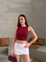 Kadın Halter Yaka Fitilli Esnek Crop Atlet