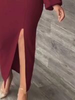 Kadın Uzun Kollu Geometrik Yakalı Yandan Yırtmaçlı Uzun Janjan Krep Elbise - Görsel 3