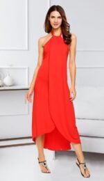 Boyun Askılı Eteği Kruvaze Kesim Viskon Kumaş Elbise - Görsel 4