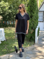 Kadın Kısa Kollu V Yakalı Iki Iplik Bluz Ve Pantolon Ikili Takım - Görsel 6