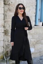 Krep Kumaş Midi Boy Kuşaklı Uzunkol Elbise 113 Cm - Görsel 13