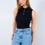 Patlı Düğmeli Triko Atlet - Siyah