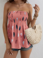 Kadın Yaprak Desenli Göğsü Gipeli Mosskrep Straplez Bluz - Görsel 4