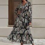 Kadın Uzun Kollu Kruvaze Yaka Beli Lastikli Uzun Desenli Maxi Elbise