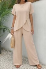 Kadın Kısa Kollu Bisiklet Yaka Asimetrik Kesim Detaylı Bürümcük Bluz Ve Pantolon Ikili Takım - Görsel 2