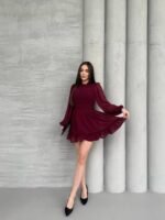 Kadın Yarım Balıkçı Yaka Kolları Transparan Astarlı Full şifon Elbise - Görsel 2