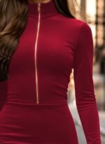 Kadın Uzun Kollu Balıkçı Yaka Yakadan Göğüse Kadar Fermuar Detaylı Mini Kadife Elbise - Görsel 2