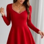 Kadın Uzun Kollu Inci Yakalı Kısa Ithal Krep Elbise