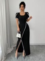 Kadın Kısa Kollu Kare Yakalı önden çapraz Kesim Detaylı Krep Elbise - Görsel 3