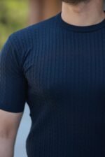 Erkek Bisiklet Yaka örgü Desenli Kısa örme Triko Kısa Kollu T-shirt - Görsel 3