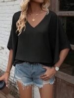 Kadın Kısa Kollu V Yakalı Salaş Viskon Bluz - Görsel 5