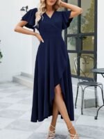 Kadın Kısa Kollu Kruvaze Yakalı ön Asimetrik Volanlı Uzun Ithal Krep Elbise