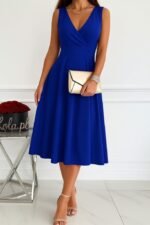 Kadın Ithal Krep Kumaş Kruvaze Yaka Eteği Kloş Kolsuz Mini Elbise - Görsel 3